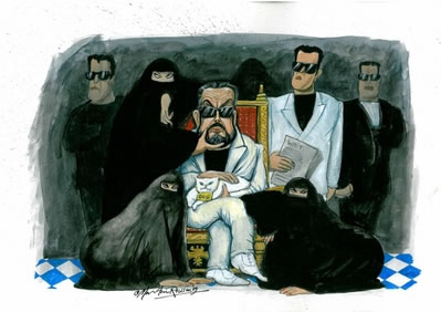 Martin Rowson's illustration of Adnan Oktar and his gang