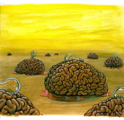 Martin Rowson's brain's on a plain for the cover of New Humanist 11/09