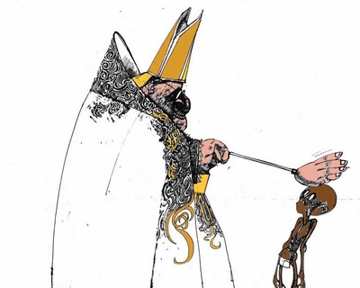Ralph Steadman's Pope blessing illustration for New Humanist, Sep/Oct 2010
