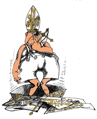 Ralph Steadman's Pope trousers down illustration for New Humanist, Sep/Oct 2010