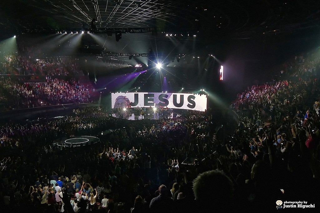 The band Hillsong United perform at a huge stadium in California