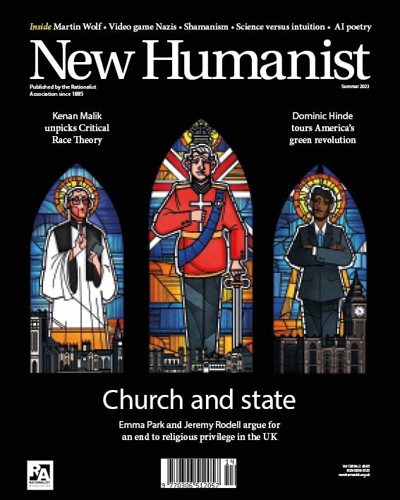 The cover of New Humanist's summer 2023 issue features the King, the Archbishop of Canterbury, and the Prime Minister as figures on stained glass windows