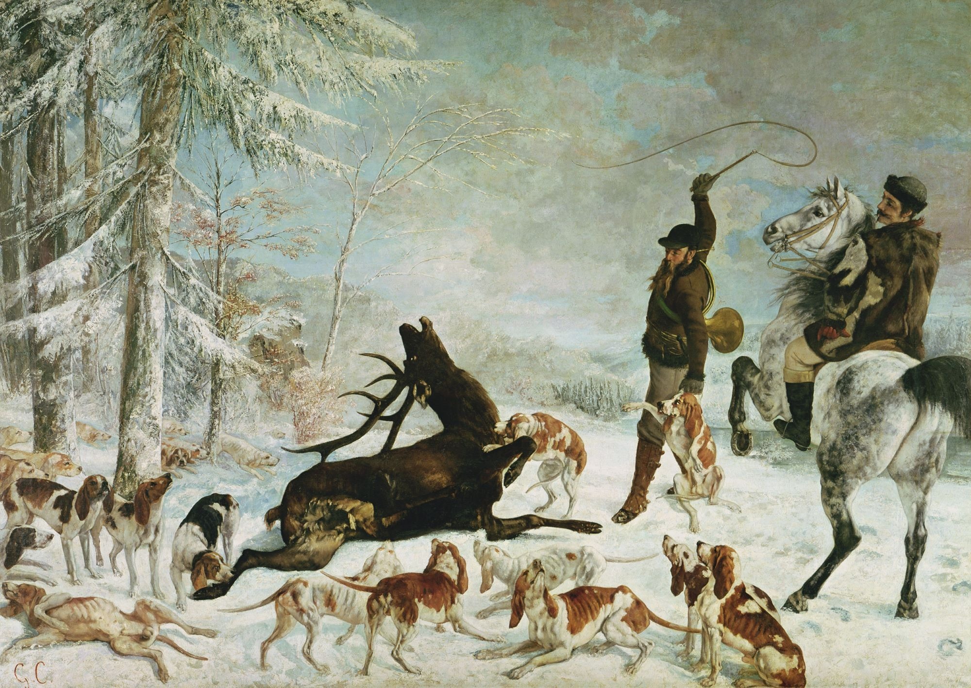 'The Death of the Deer' (1867) by Gustave Courbet depicts a stag being hunted by two men and a pack of hounds