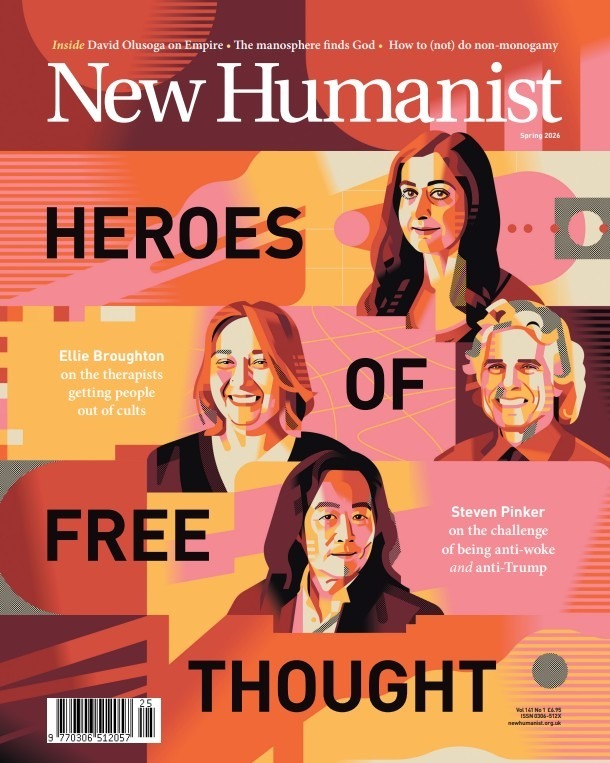 The cover of New Humanist's Spring 2026 issue shows portraits of several people featured inside the magazine with the headline 'Heroes of free thought'