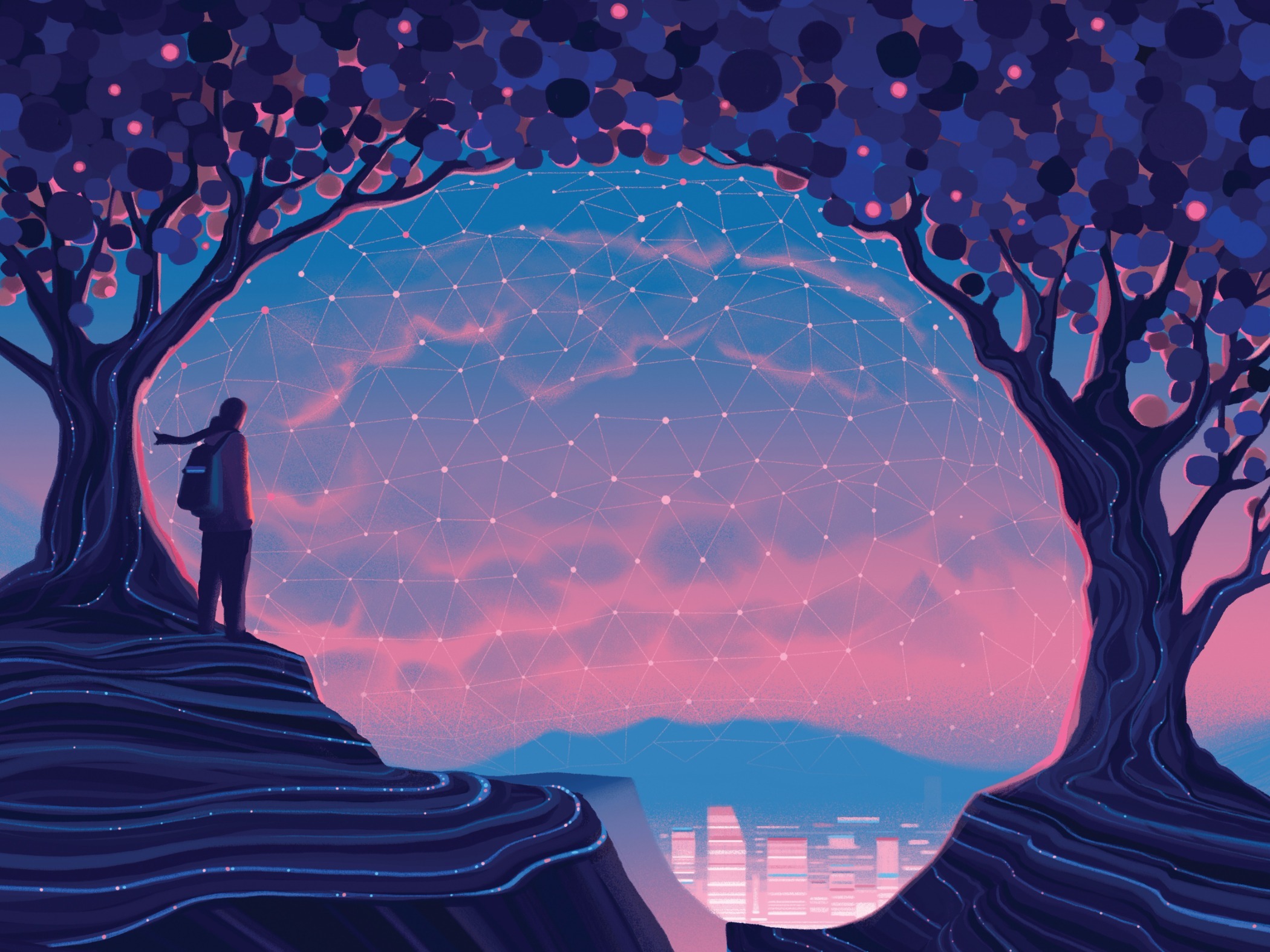 An illustration of a person standing between two trees. The gap between the trees forms the shape of a brain