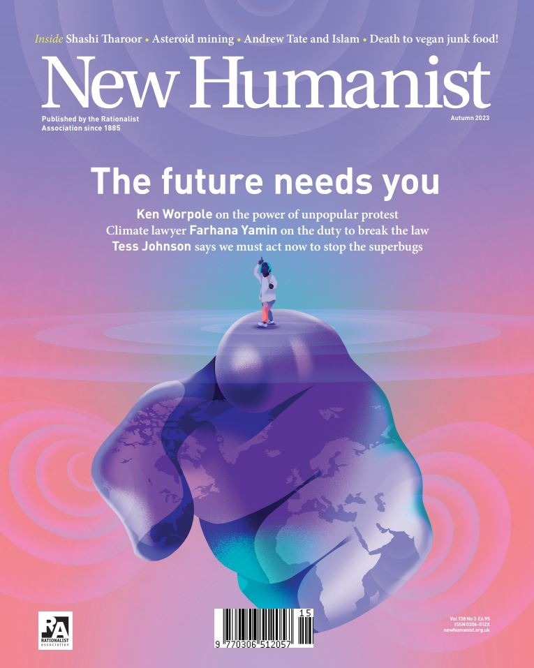The cover of New Humanist's autumn 2023 issue says 'The future needs you' with a finger pointing towards the reader