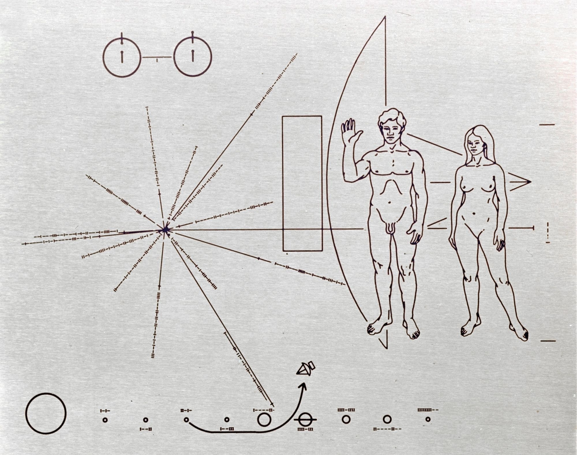 The plaque on Pioneer 10 includes a simple line drawing of a man and a woman