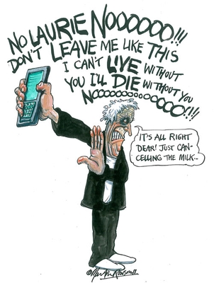 Laurie Taylor on the phone by Martin Rowson