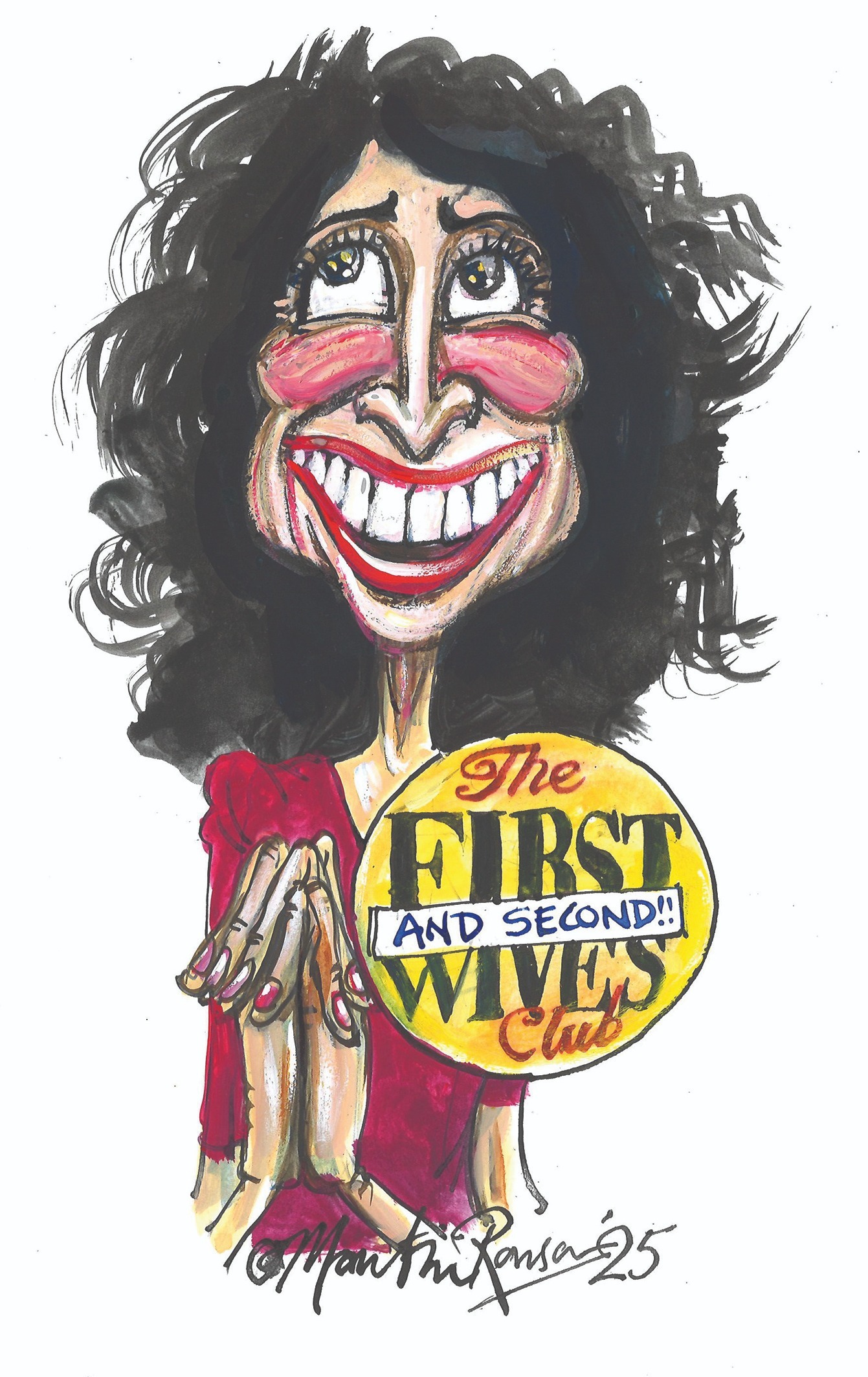 A cartoon by Martin Rowson depicts our columnist Shaparak Khorsandi wearing a big badge that says 'The First and Second Wives Club'