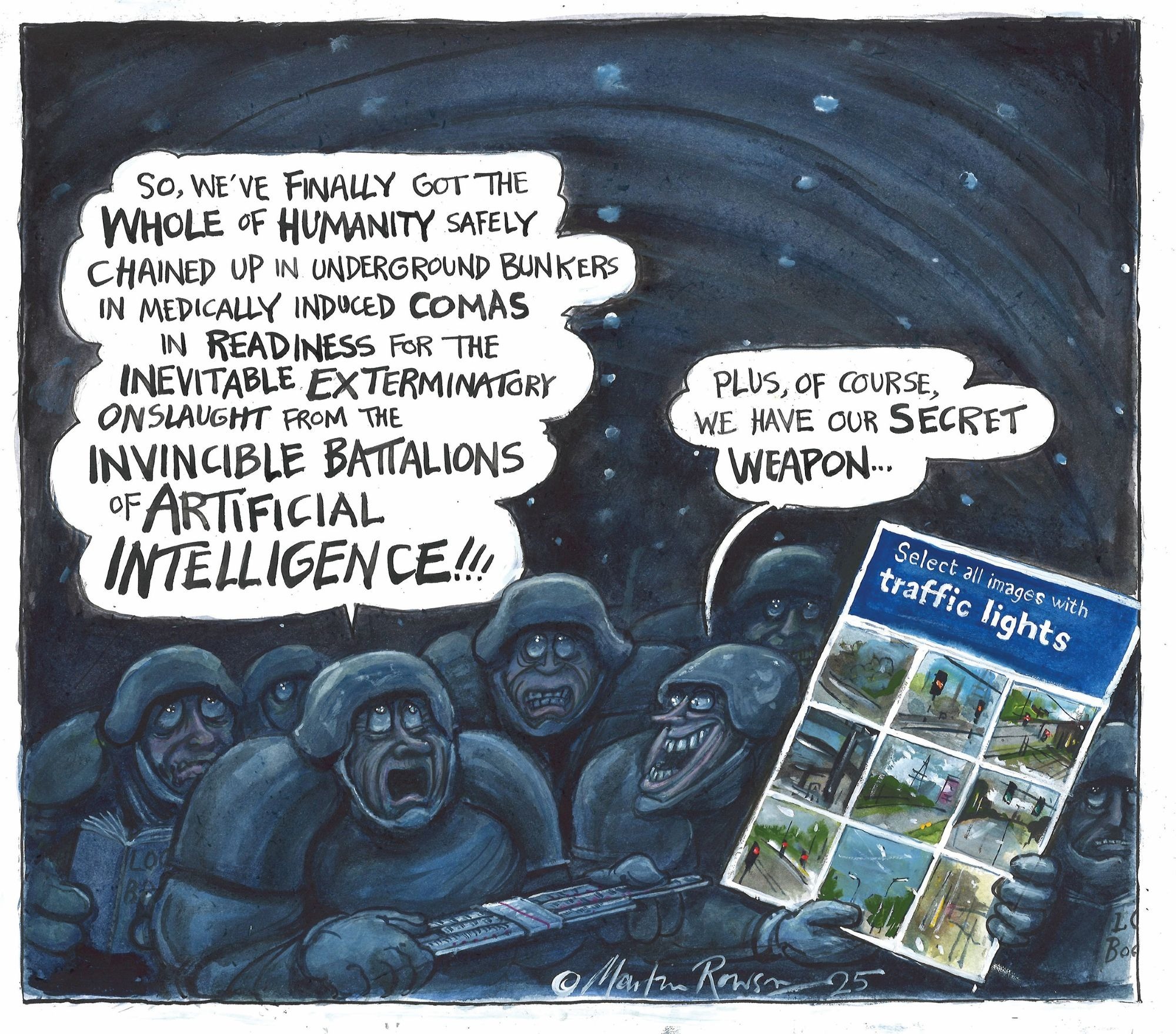 A cartoon by Martin Rowson shows a futuristic scene where soldiers hold up a CAPTCHA puzzle like a shield