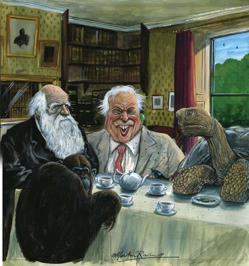 Martin Rowson's 'Dinner with Darwin' illustration from New Humanist, January/February 2008