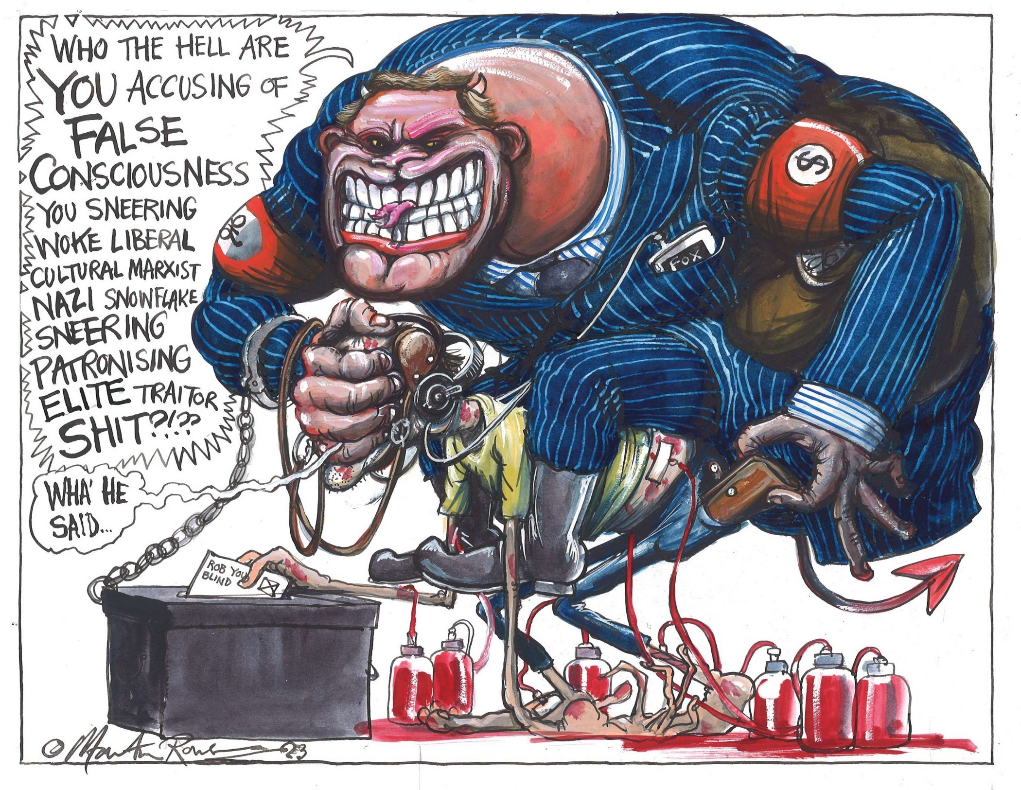 A cartoon shows a sneering man smothering a voter as they cast their ballot