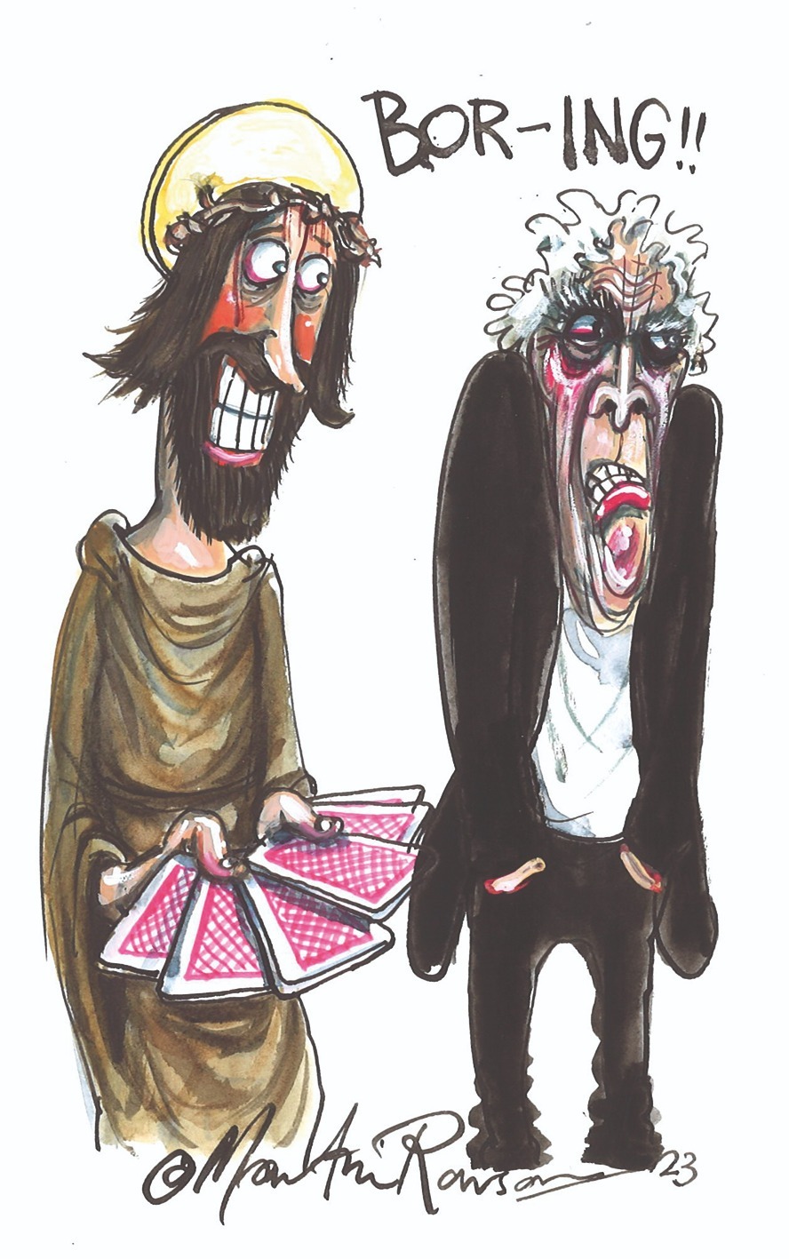 A cartoon depicts Jesus performing a card trick