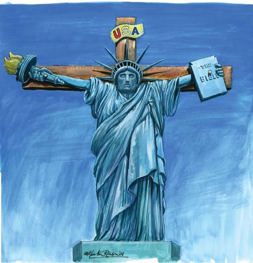 Martin Rowson's cover illustration for New Humanist, May/June 2008