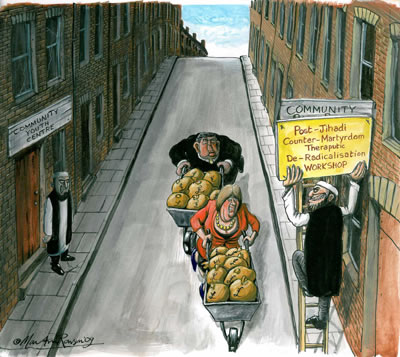 Martin Rowson's cover illustration for New Humanist, May/June 2009