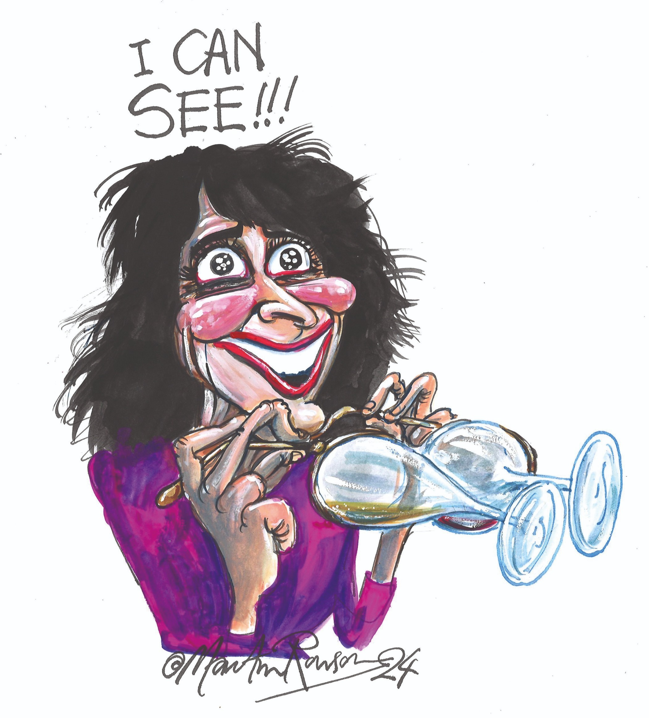 A cartoon by Martin Rowson shows Shaparak Khorsandi peering through a pair of spectacles made out of champagne glasses