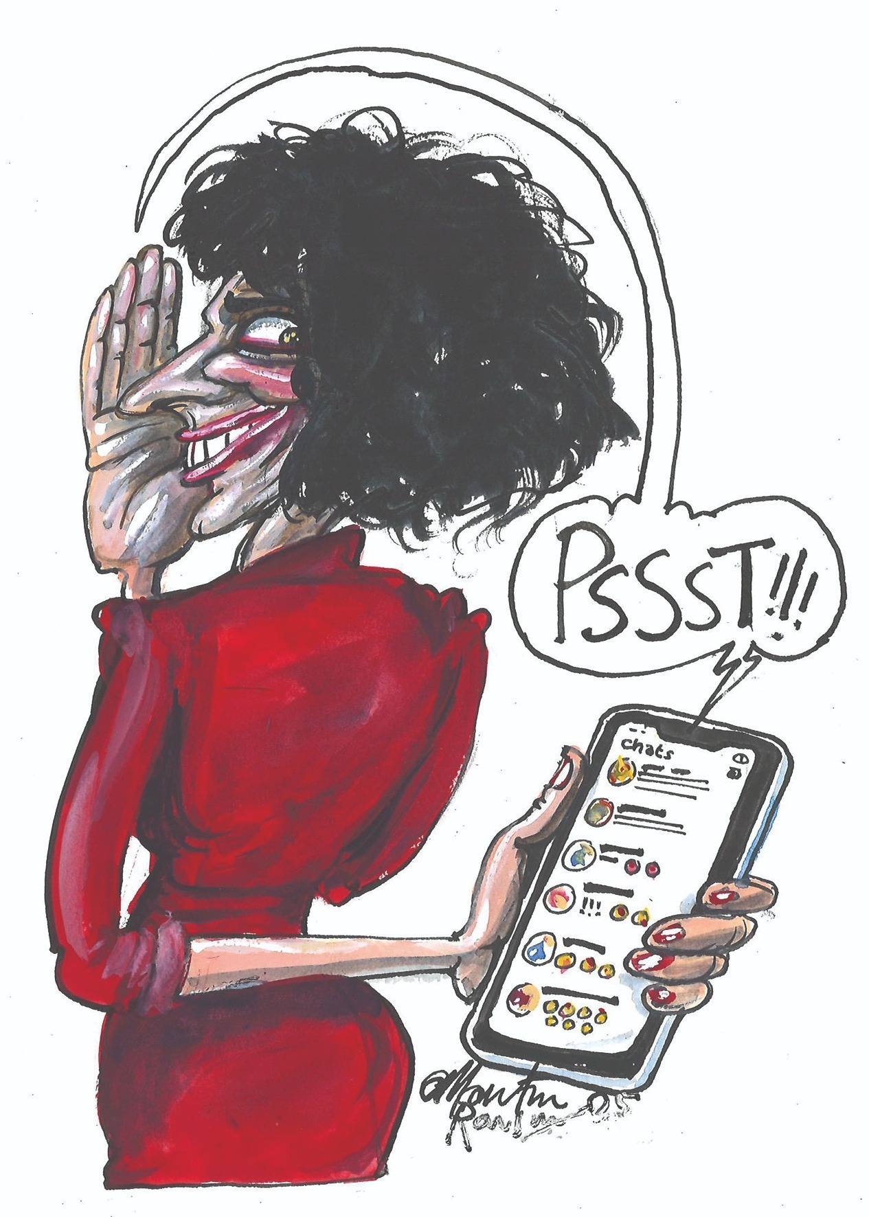 A Martin Rowson cartoon shows the author holding her phone behind her back as she sneakily reads gossip