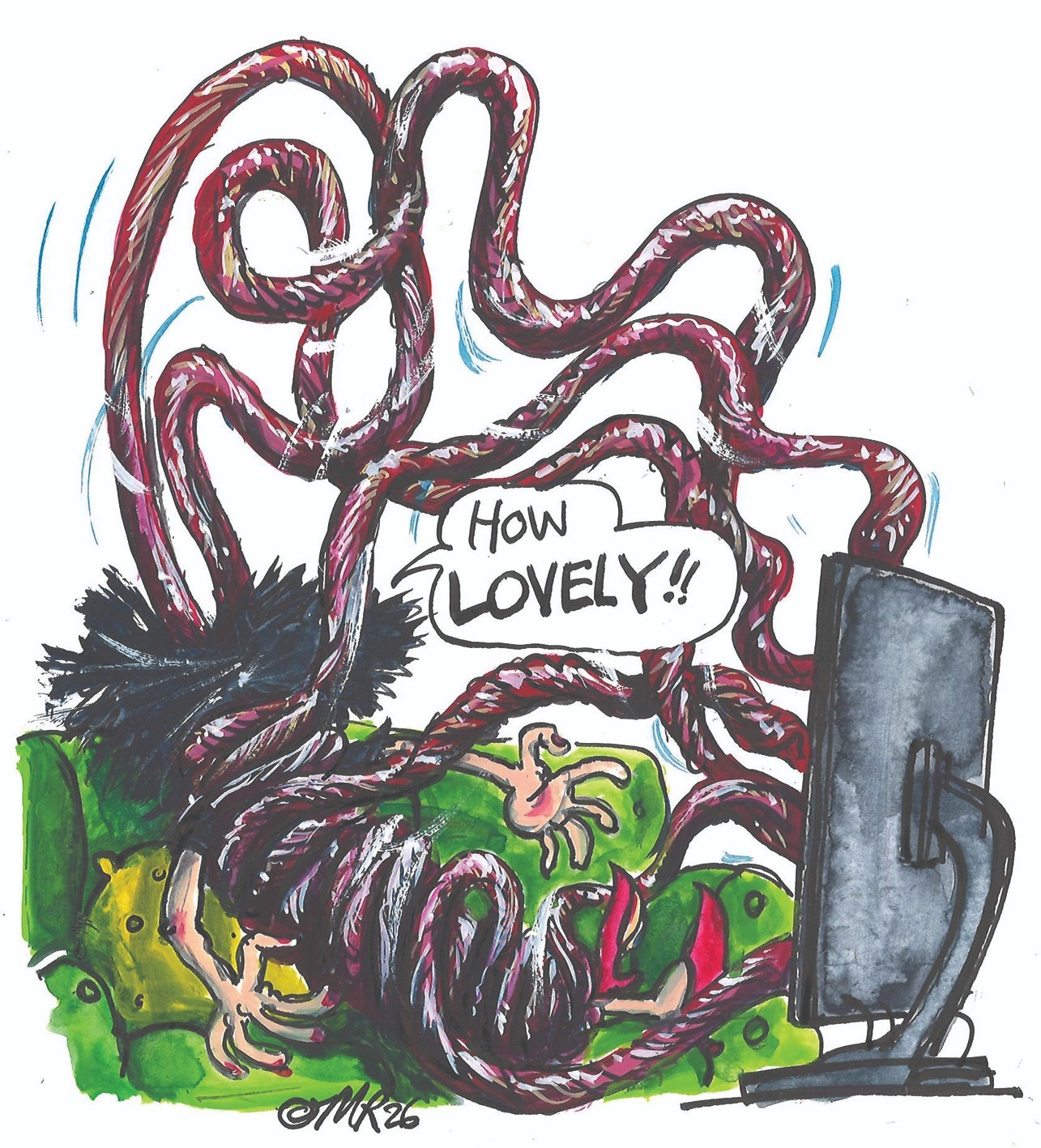 A cartoon by Martin Rowson shows tentacles reaching out of a television and grabbing our columnist Shaparak Khorsandi