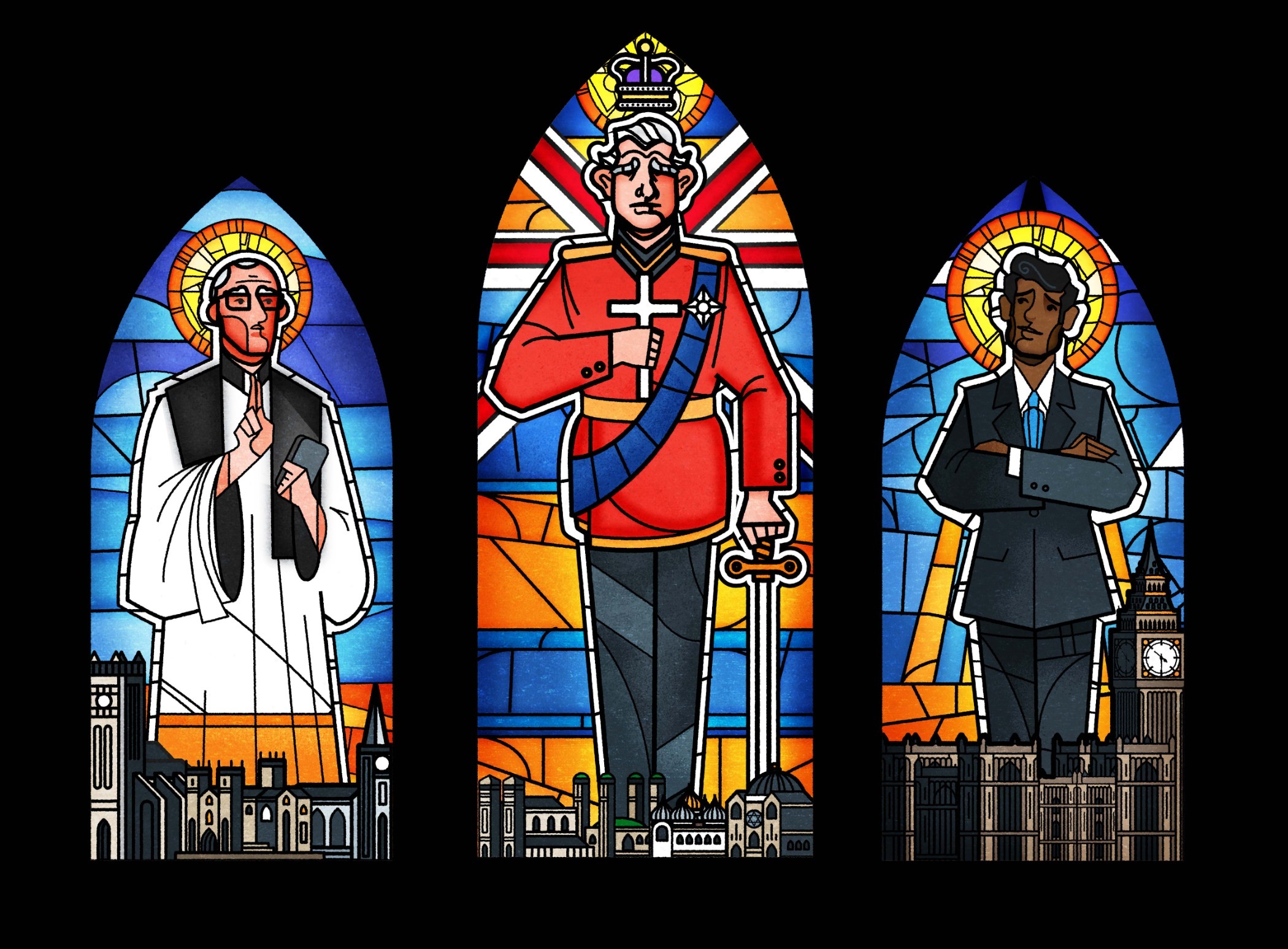 An illustration shows the Archbishop of Canterbury, King Charles III and Prime Minister Rishi Sunak as painted figures on stained glass windows