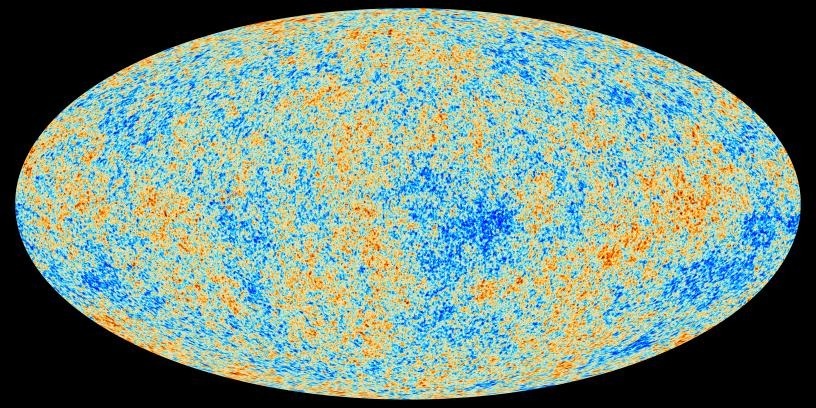 A map of the cosmic microwave background, represented in blue and orange