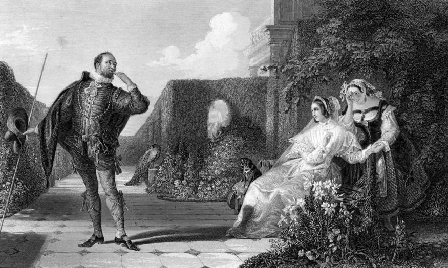 A 19th century engraving of a scene from 'Twelfth Night', in which Malvolio stands before the countess Olivia