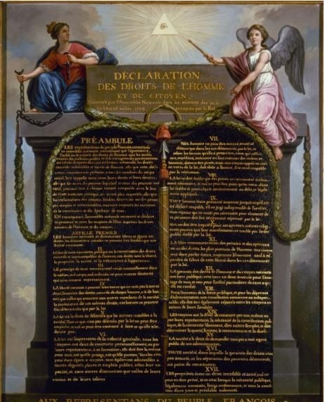 A painting displaying the text of the “Declaration Of The Rights of Man And Of The Citizen”, framed by two angels