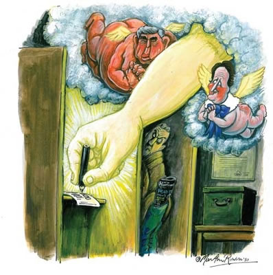 Martin Rowson's Election illustration for New Humanist, Mar/Apr 2010