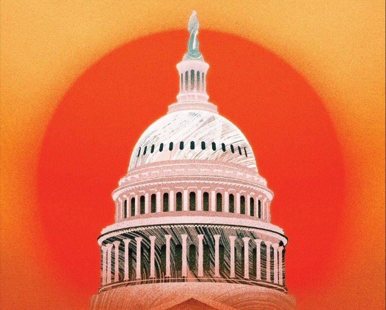 An illustration of the US Capitol against an orange sky