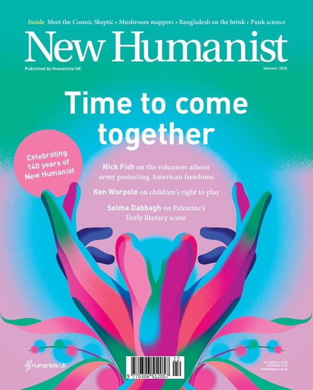 The cover of New Humanist's 2025 issue is an illustration of a pair of hands formed like a flower with the words 'Time to come together'
