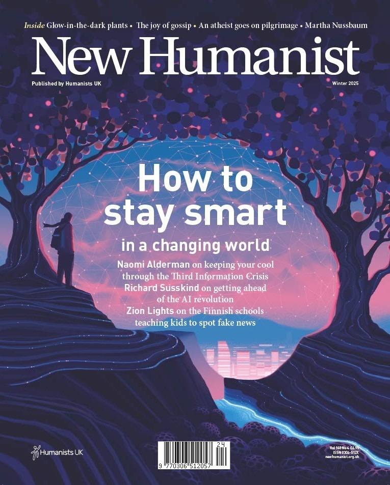 The cover of New Humanist's Winter 2025 edition is an illustration of two trees, with the gap between them forming the shape of a brain
