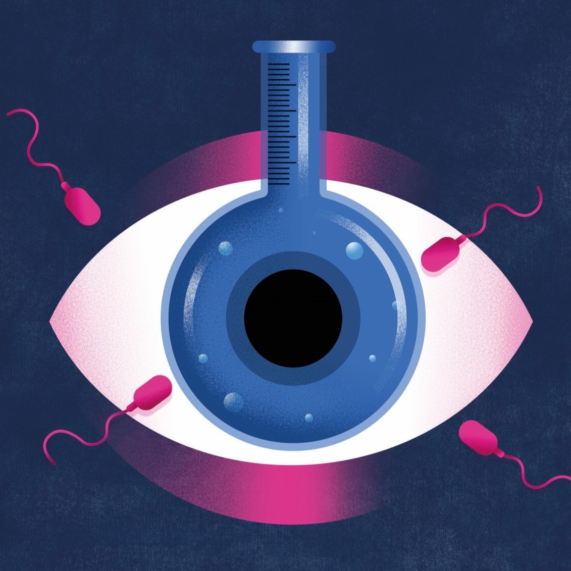 A graphic illustration showing sperm and a test tube