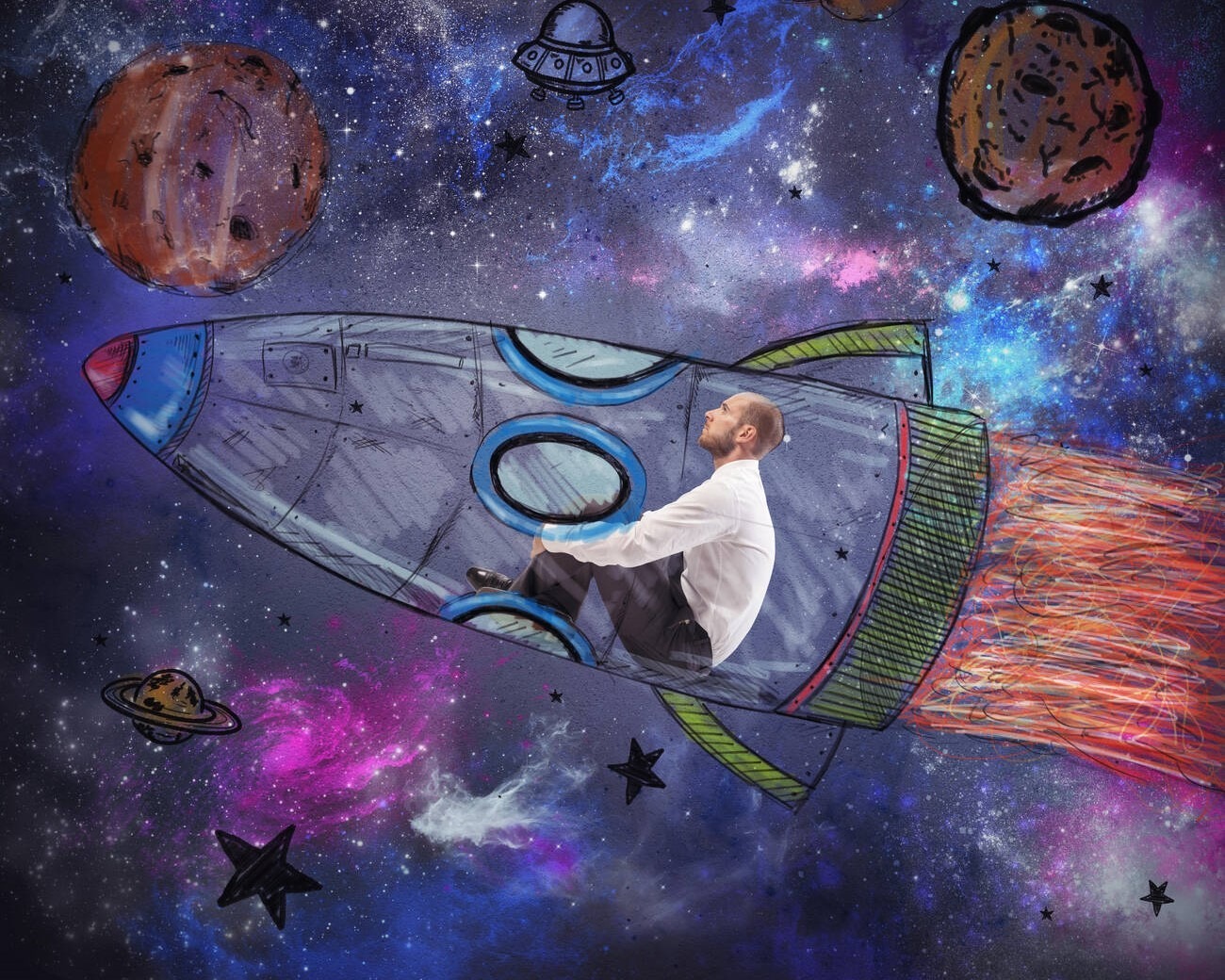 A man in a cartoon rocket