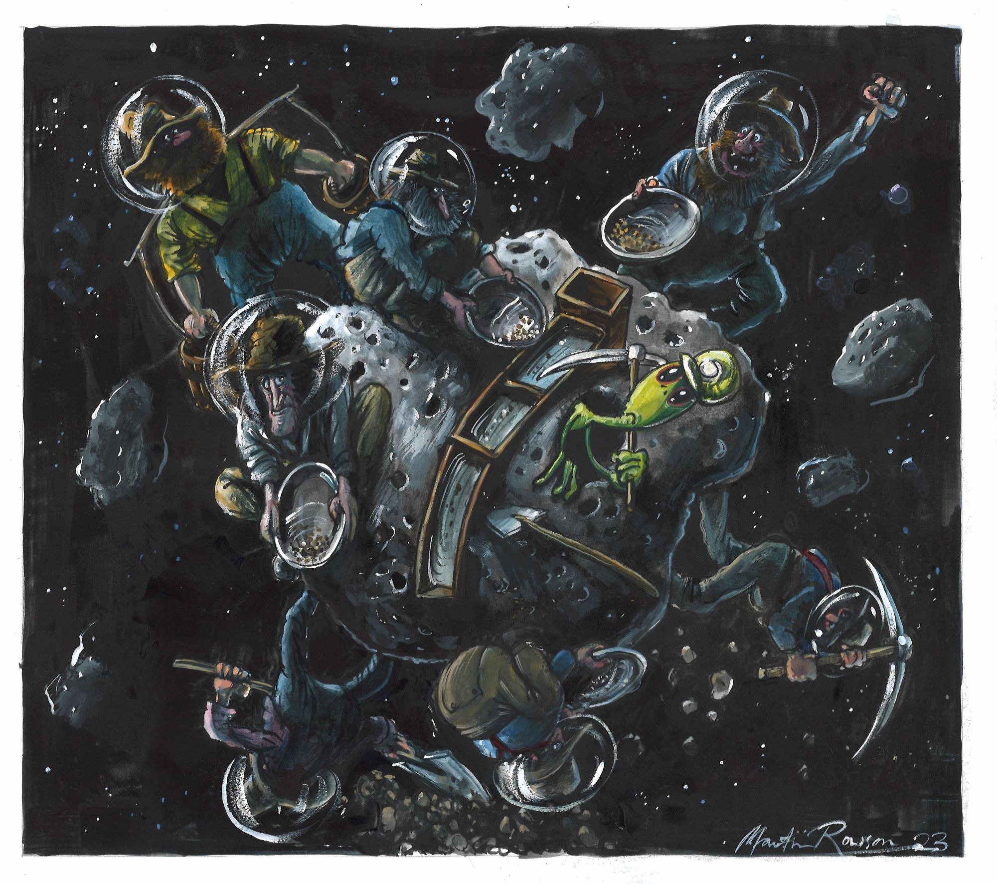 A Martin Rowson cartoon shows a goldrush on an asteroid