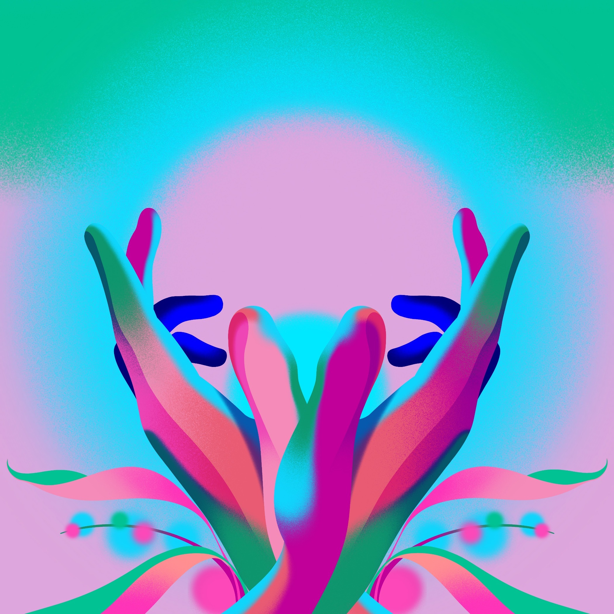 An illustration of a pair of hands folded together like a budding flower