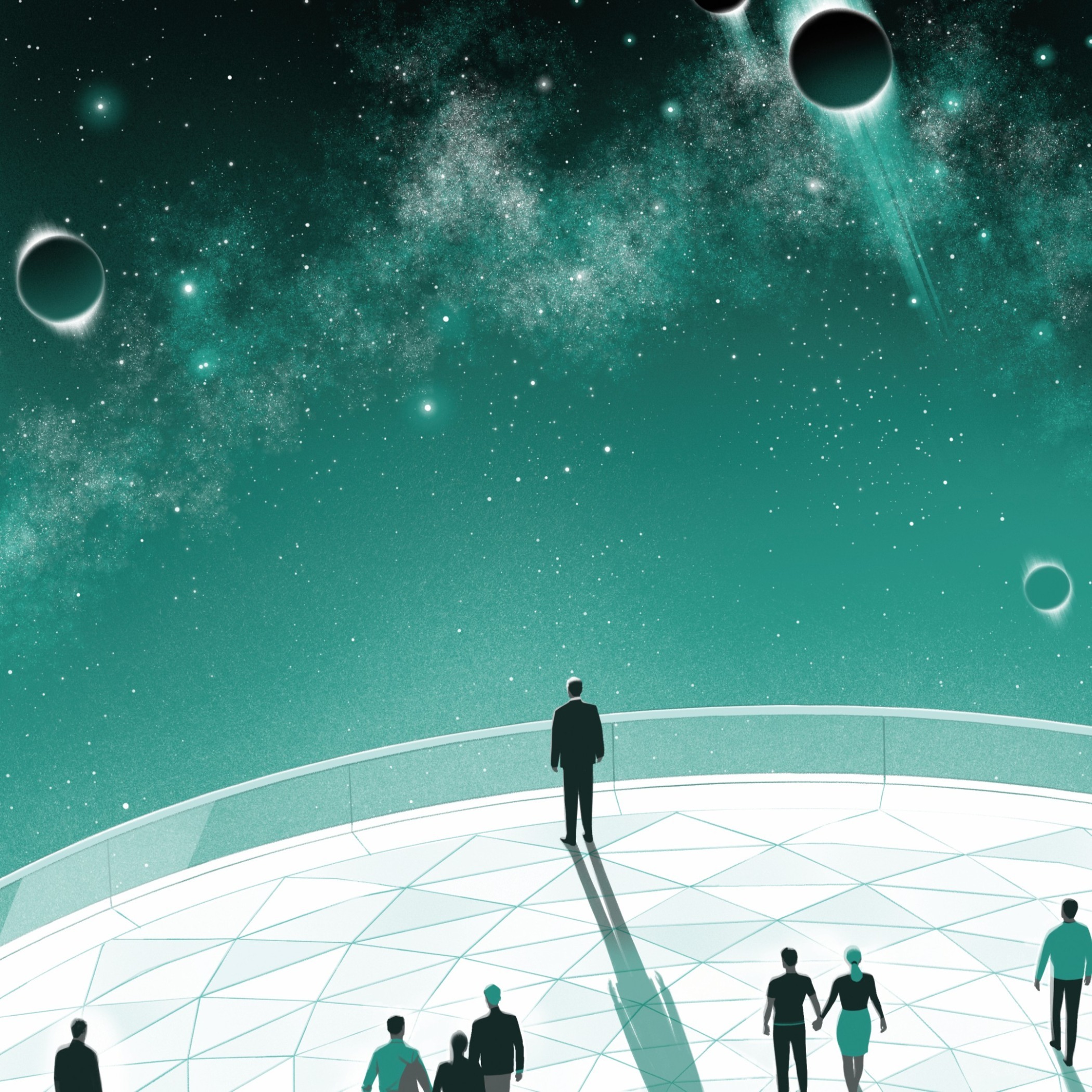 An illustration of groups of people looking up to space