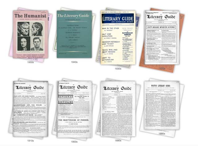 Old covers of The Humanist and The Literary Guide magazines